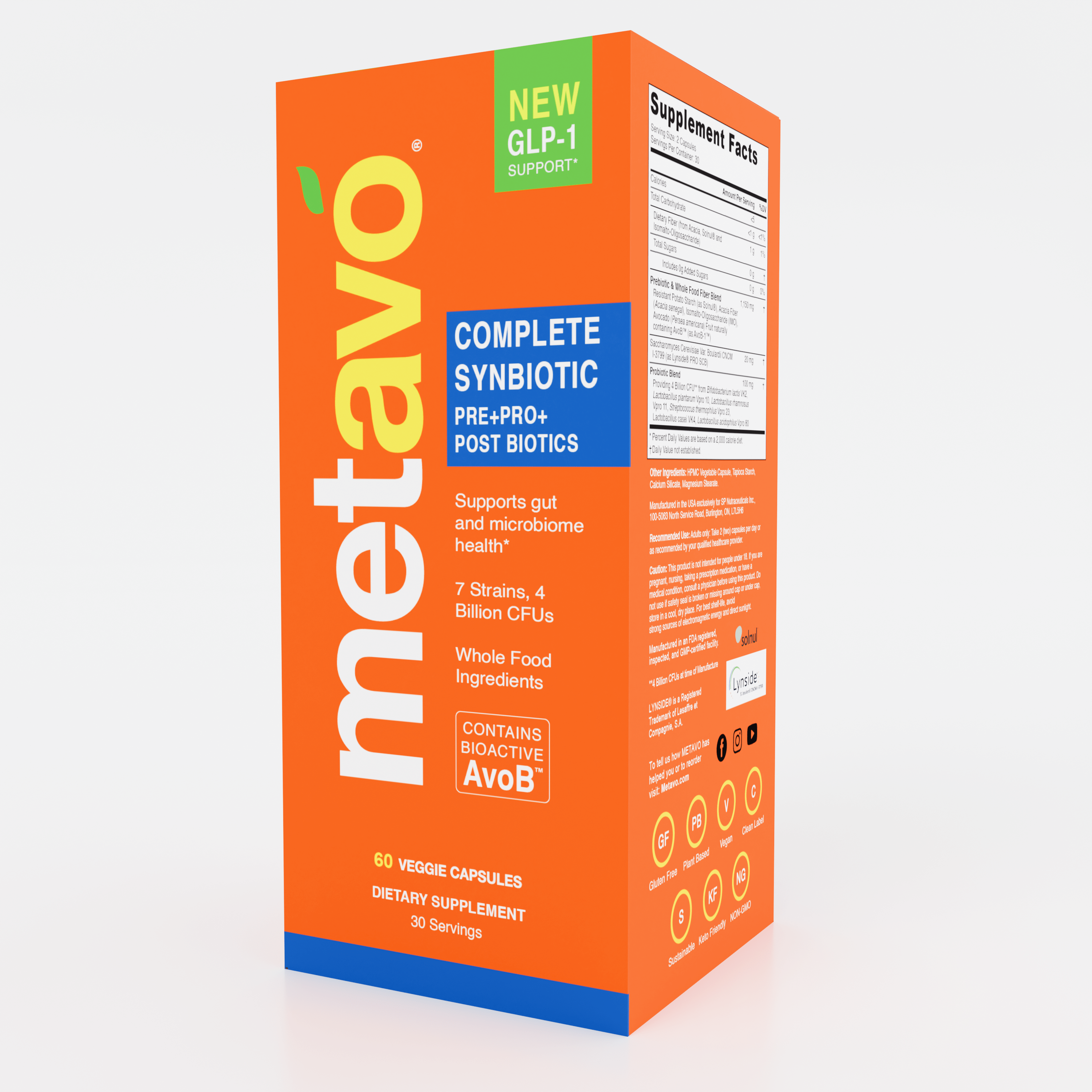Metavo.com Metavo GLP-1 Metavo Complete Synbiotic - Pre+Pro+Postbiotics with AvoB™ for Gut Health & Metabolism (60 Veggie Capsules)